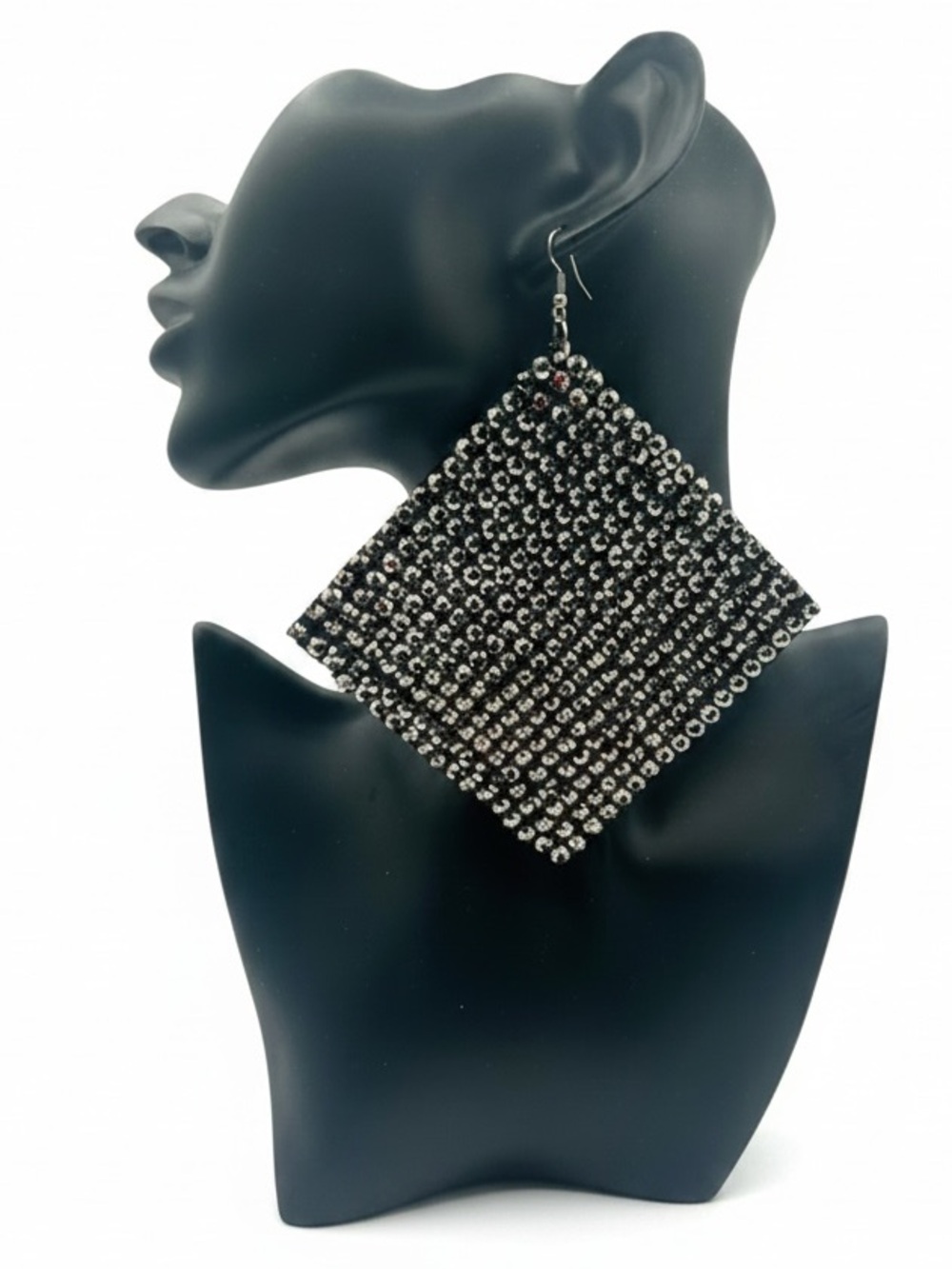 NWOT Rhinestone Black Fishhook Diamond Shaped Statement Earrings